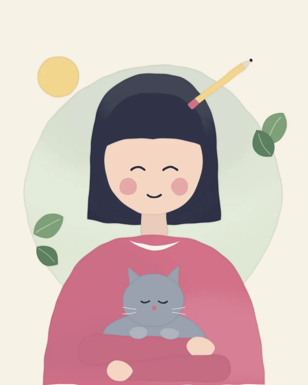 林小晴的自畫像插圖：黑色短髮上插著一支鉛筆，懷裡抱著一隻灰貓