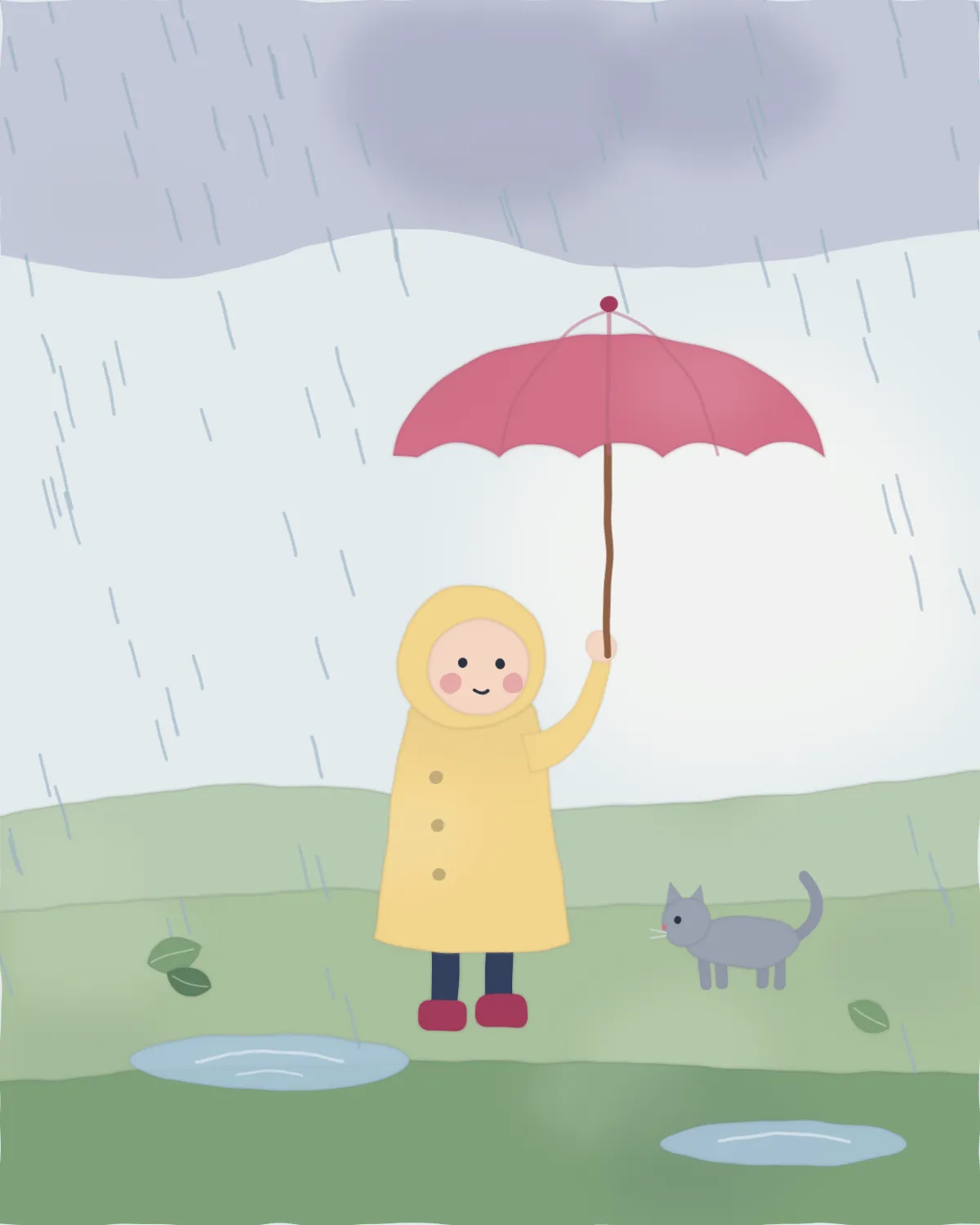 下雨天，穿黃色雨衣、撐紅傘的小女孩站在草地上，旁邊有一隻灰貓和兩個水窪